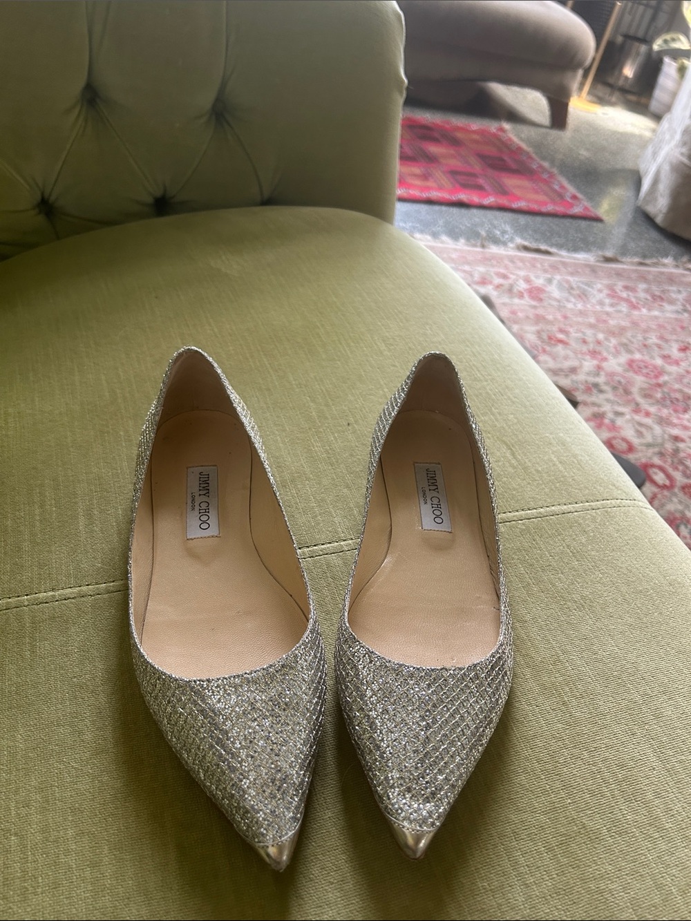 Jimmy Choo Sparkling Silver Pointed Flats